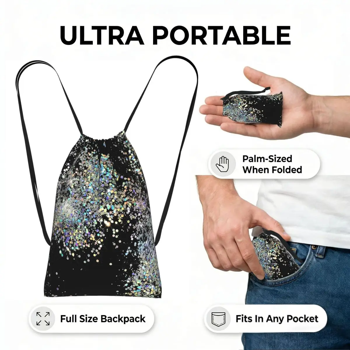 Black And Multicolor Sequins Faux Drawstring Backpack hiking cycling Bag Lightweight Foldable Storage Drawstring Bag Men Women