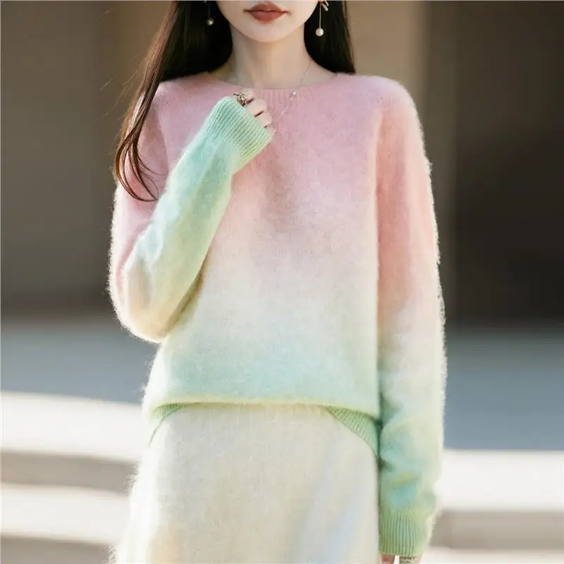 Gradually changing mulberry silk cashmere brushed seamless round neck sweater bottoming sweater