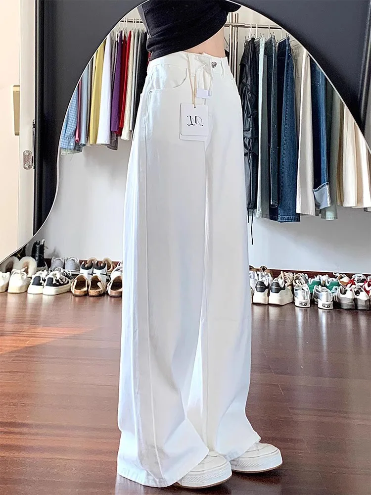 Loose Fit High Waist Wide Leg Jeans Women's Slim Sle White Denim Pants Autumn New Street Sle Lazy Slimming Floor-Length