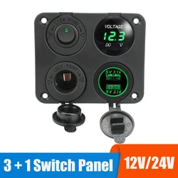 12V Power Adapter 4 In 1 Switch Panel Boat Waterproof Digital Voltmeter Car USB Charger Socket Cigarette Lighter Rocker Switch