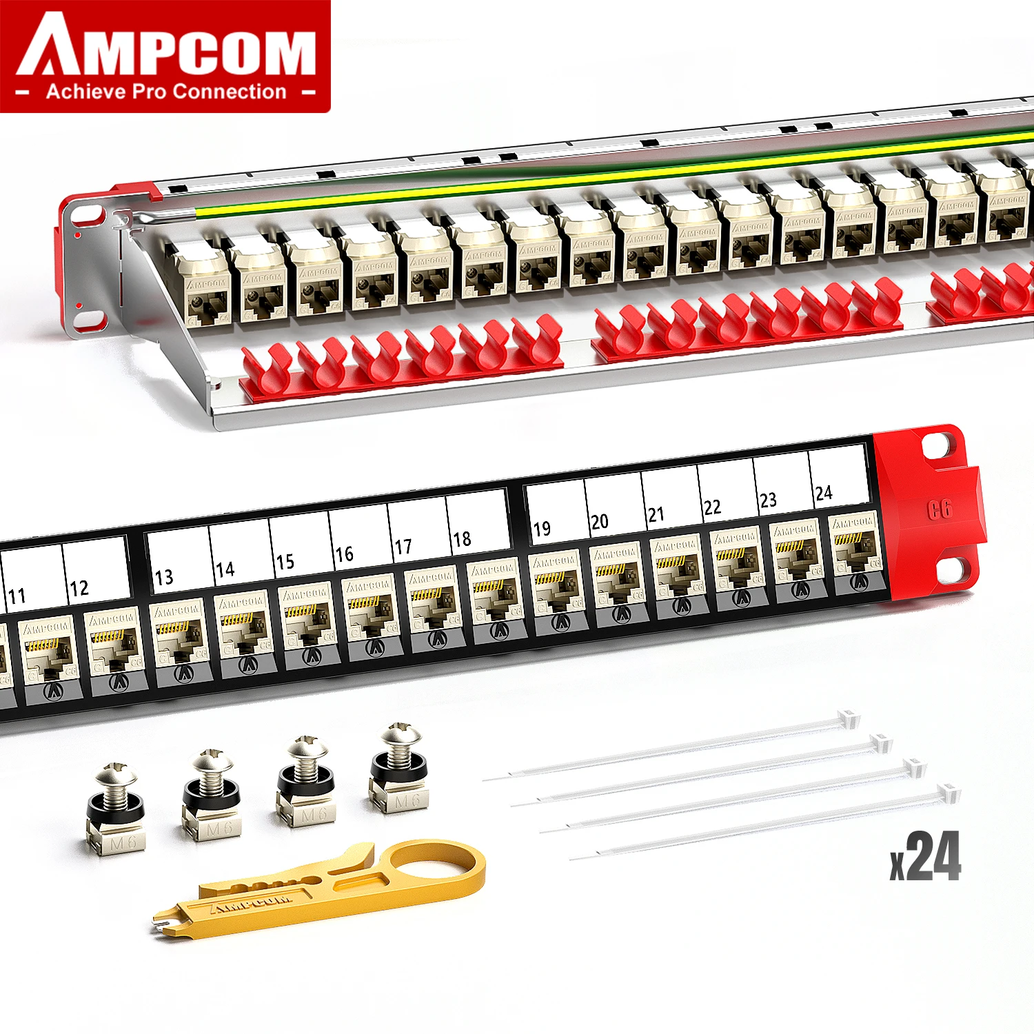 AMPCOM 24 Port CAT7 RJ45 Coupler Shielded Thru Coupler Patch Panel with Backplane, Rack Mount 1U, 19