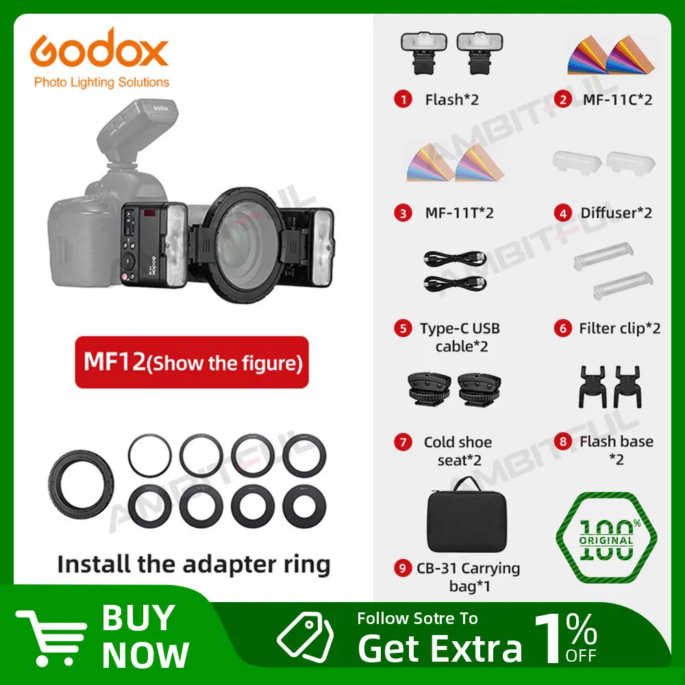 Godox MF12 Macro Mini Flash Speedlite built-in Godox X System TTL Flash + Color Filter Diffuser for Macro Shots