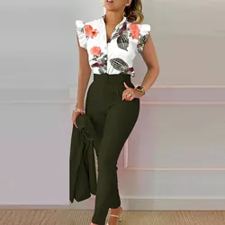 Elegant Women Three Piece Set Suits New Fashion Printed Ruffle Sleeve Top Solid Color Pants Set With Belt Blouses Female Outfits