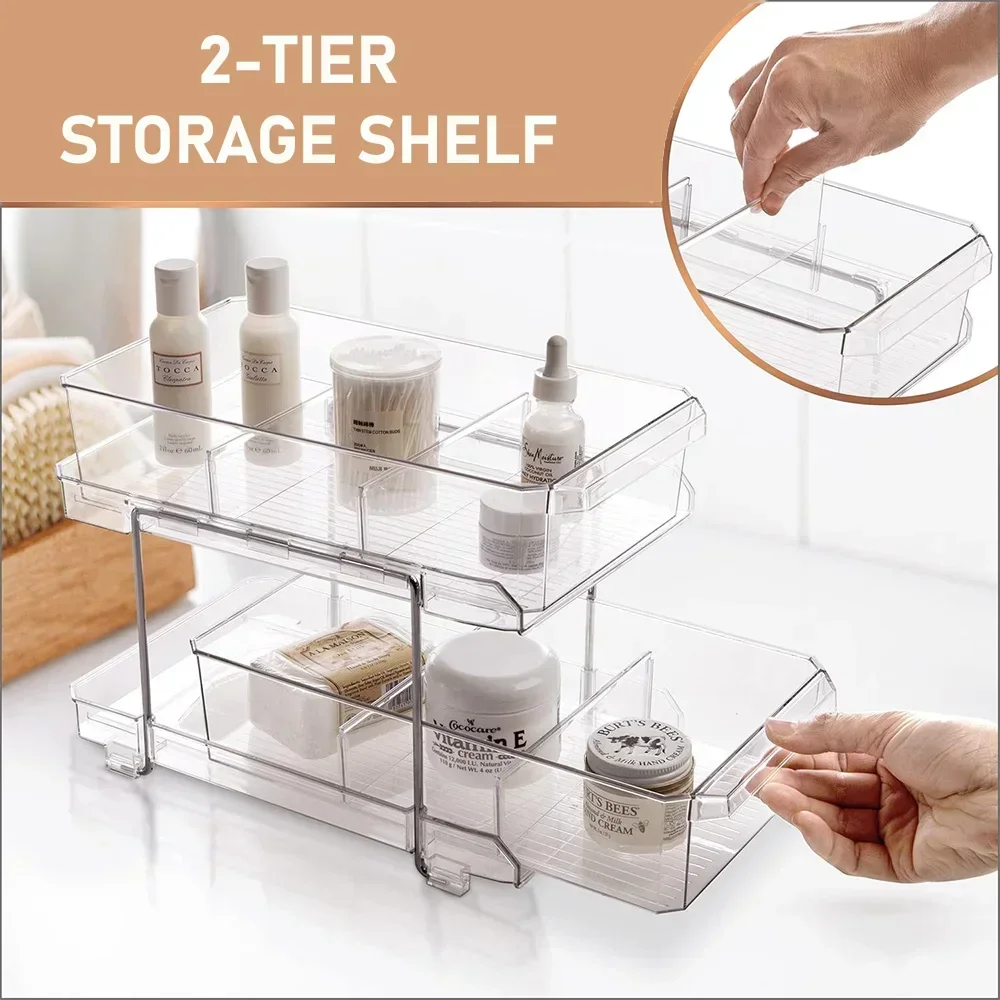 

2 Tier Organizer with Dividers, Vanity Countertop Closet Organization, Refrigerator Organizers Storage, Kitchen Pantry Cabinet