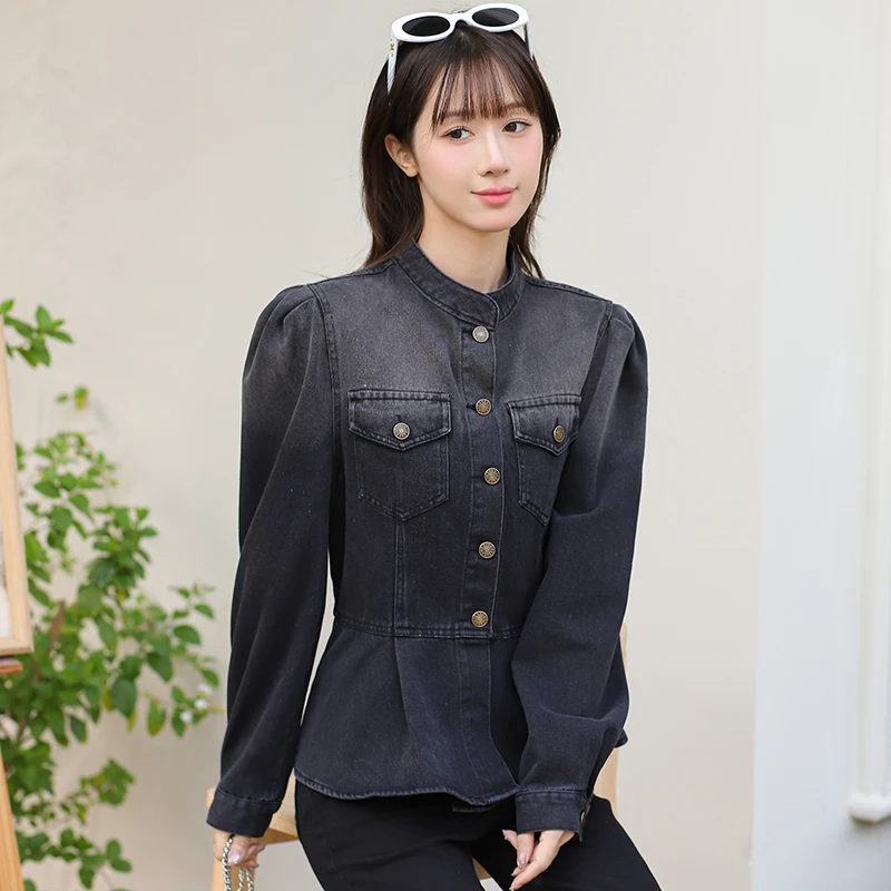 Vita sottile Ruffles Camicia di jeans Giacche Temperamento da donna Peplo Top Office Lady Cappotti di jeans 2025 Abiti primaverili con maniche a sbuffo