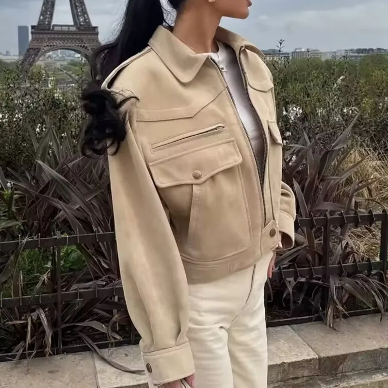 

2025 женская корейская куртка в стиле ретро с воротником и длинными рукавами и карманами, дизайнерская куртка, повседневная уличная повседневная одежда, осенняя одежда