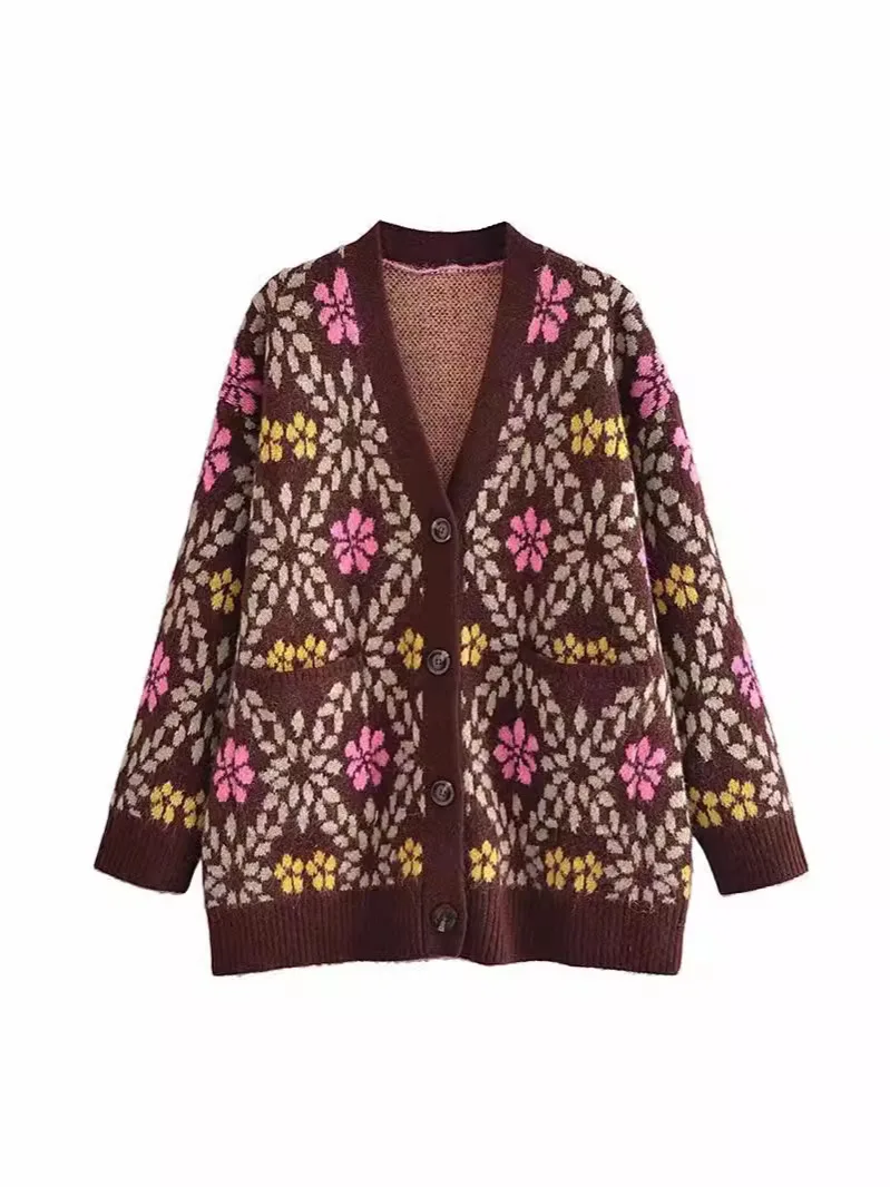 

2025 Autumn and winter V-neck long sleeves, colorful retro ethnic style sweater, cardigan and knitted jacket