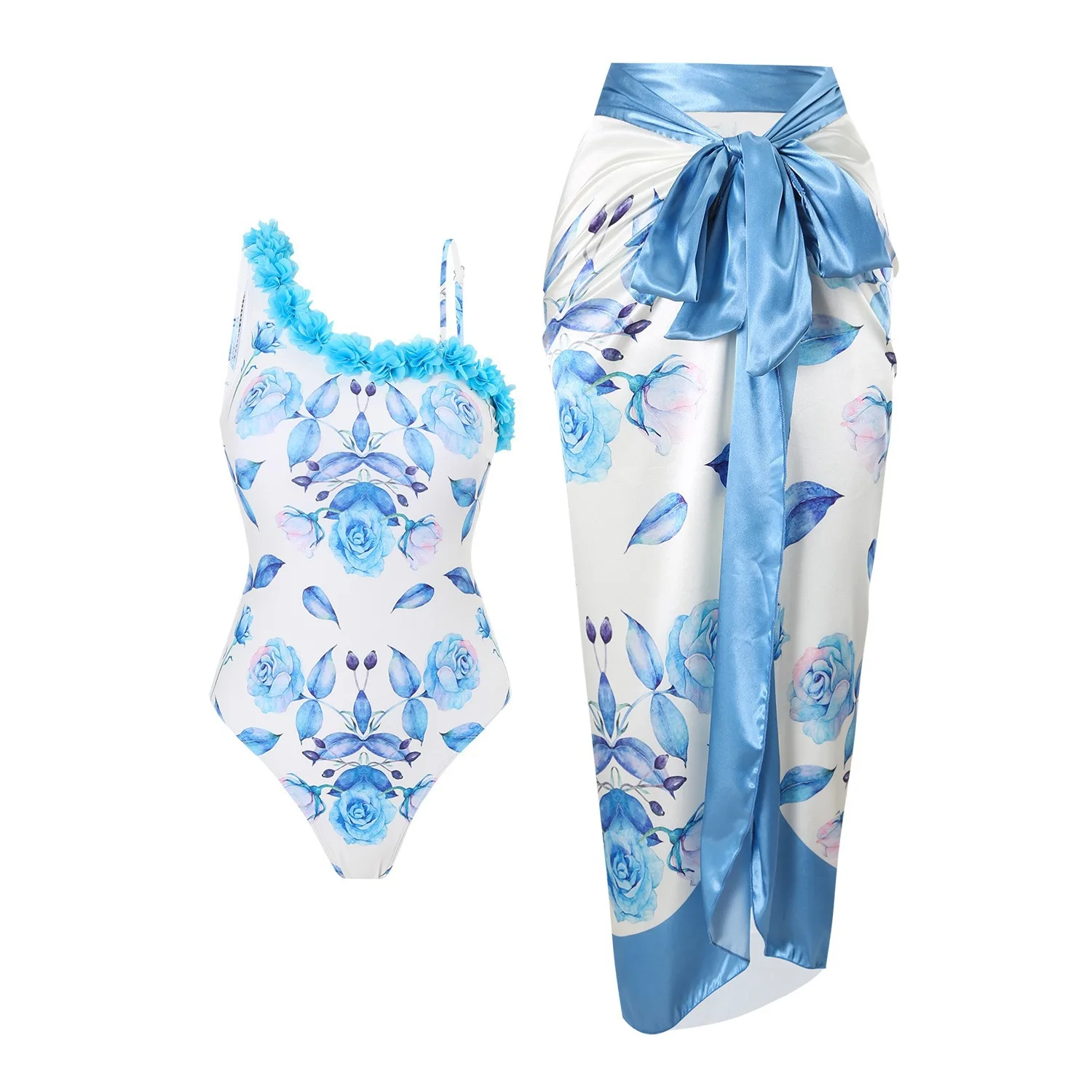 New Style Women One Piece Conservative Swimwear Digital Printed Asymmetric One Shoulder Design Slim Stretch Breathable Quick Dry