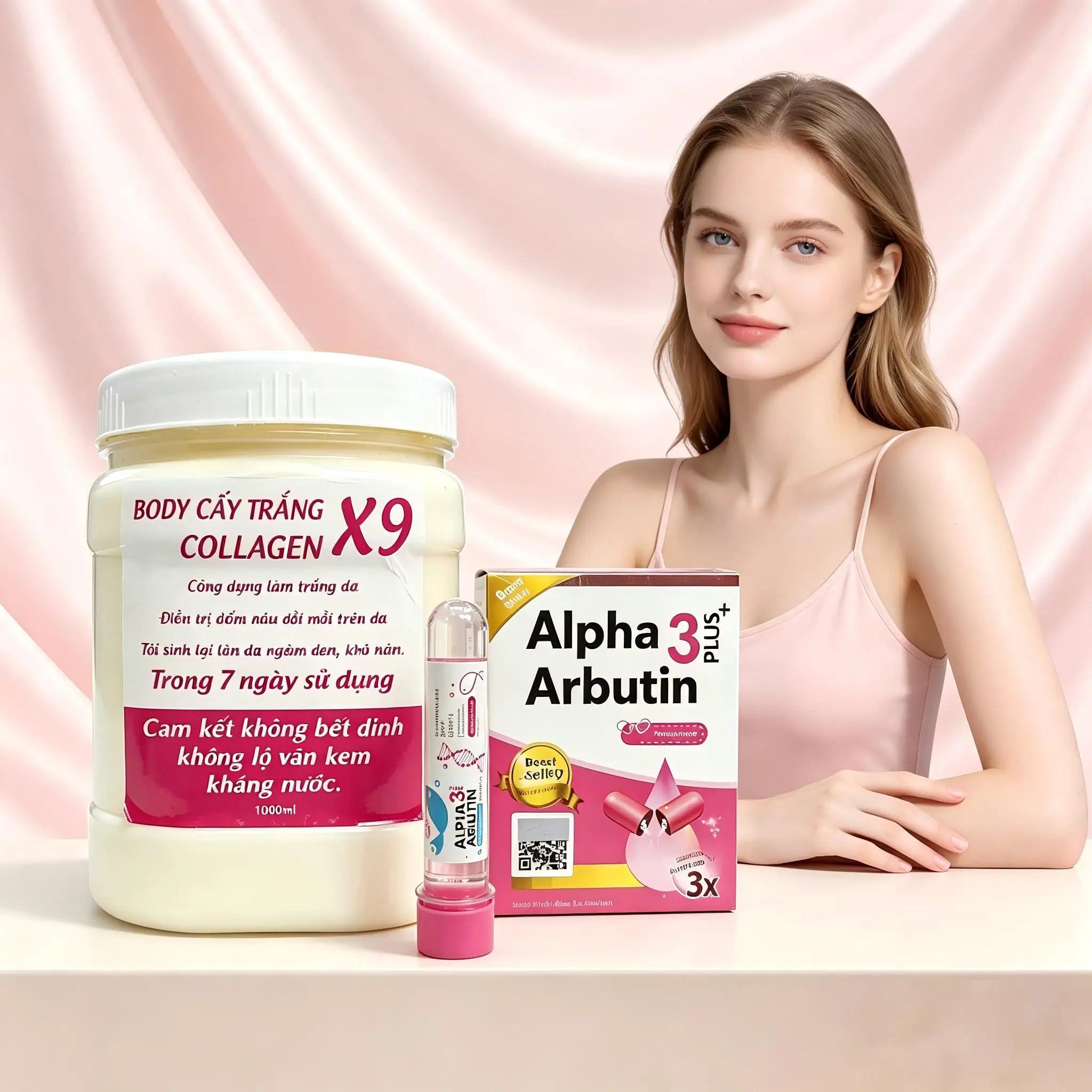 X9 Thai Collagen Body Whitening Trio Set Cấy Trắng Hộp Kem Hu Cream 45ml Serum Brightening Powder, Full Body Tone Up Kit