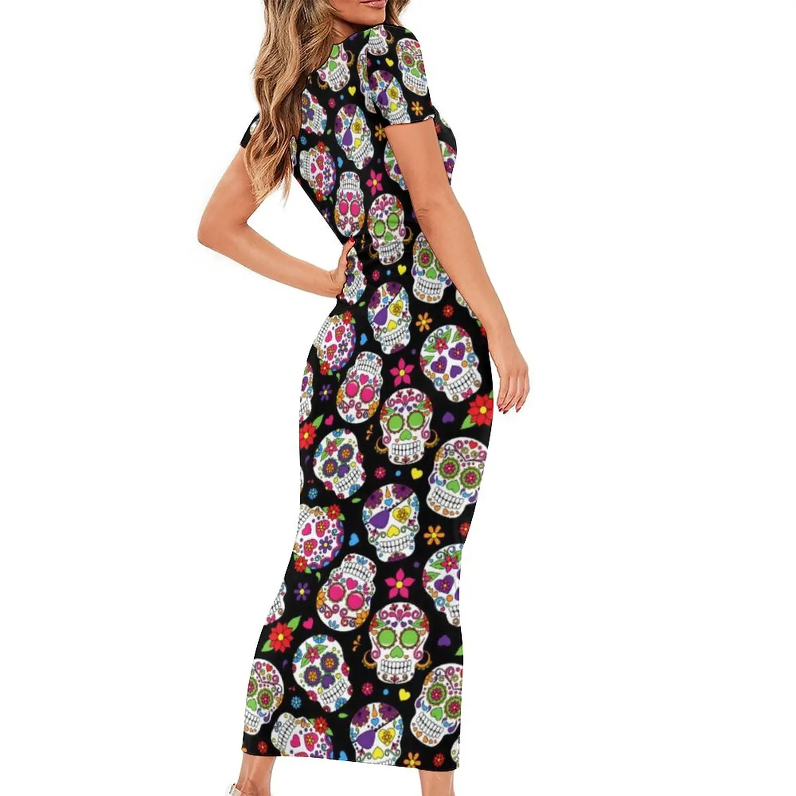 Mexican Sugar Skull Dress Colorful Skulls Floral Print Fashion Maxi Dresses Modern Bodycon Dress Womens Custom Oversized Vestido