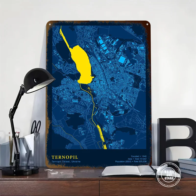 Ternopil Home and Decoration Gaming Ukraine City Map Personalized 3D Textured Metal Poster Wall Art Vintage Tin Signs for House