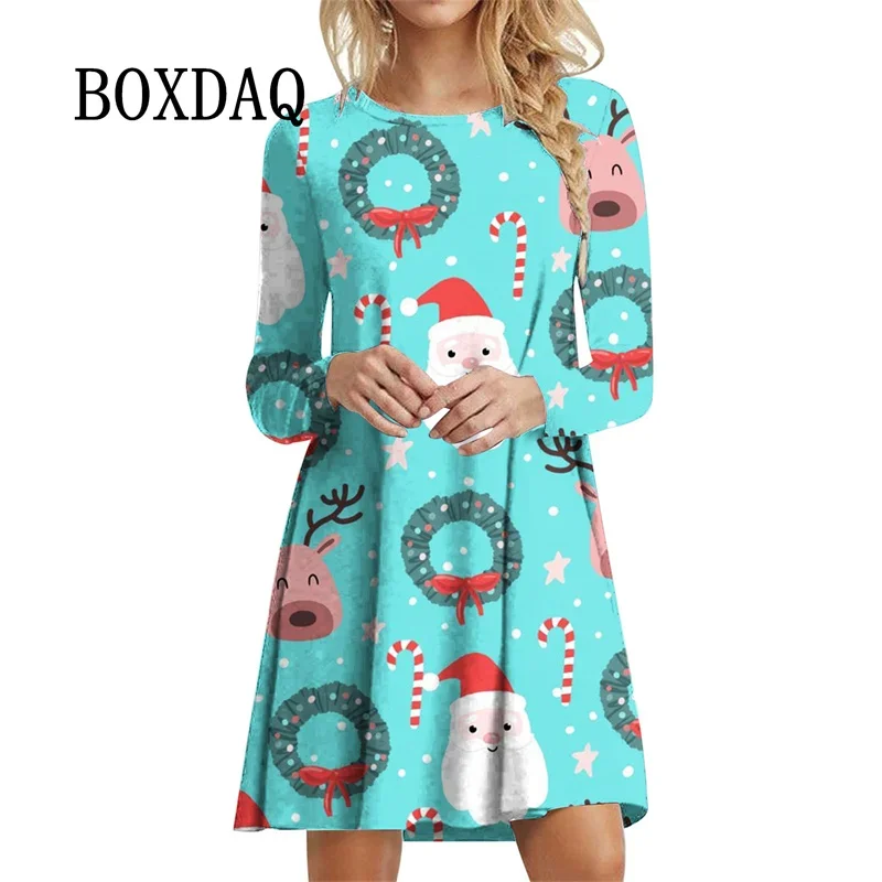 Cute Sweet Christmas Party Autumn Clothing For Women Santa Claus 3D Print Long Sleeve A-Line Dress Casual Loose Mini Dress Femme