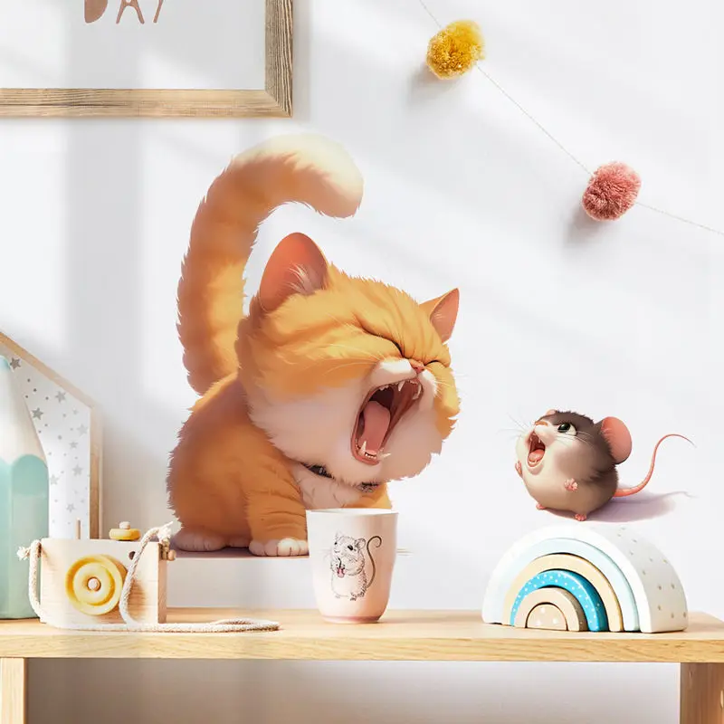 Cute Cat & Mouse Wall Sticker Bathroom Toilet Decor Living Room Cabinet Refrigerator Home Decoration Decals Stickers S753