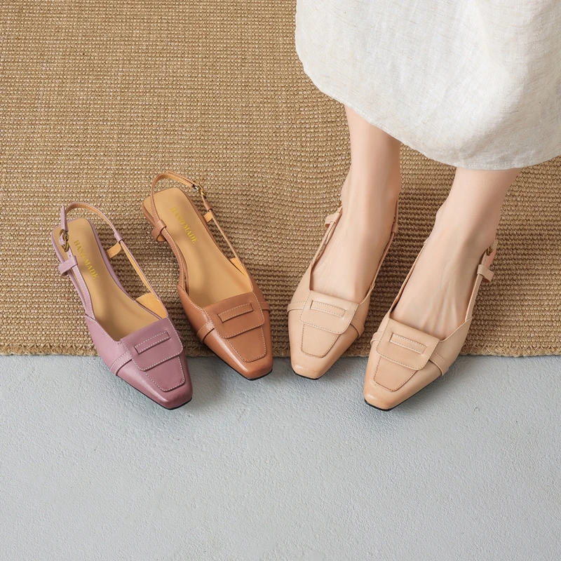 Women's new summer leather cowhide square toe, low heel, loose buckle, retro M ü ller shoes, fashion sandals