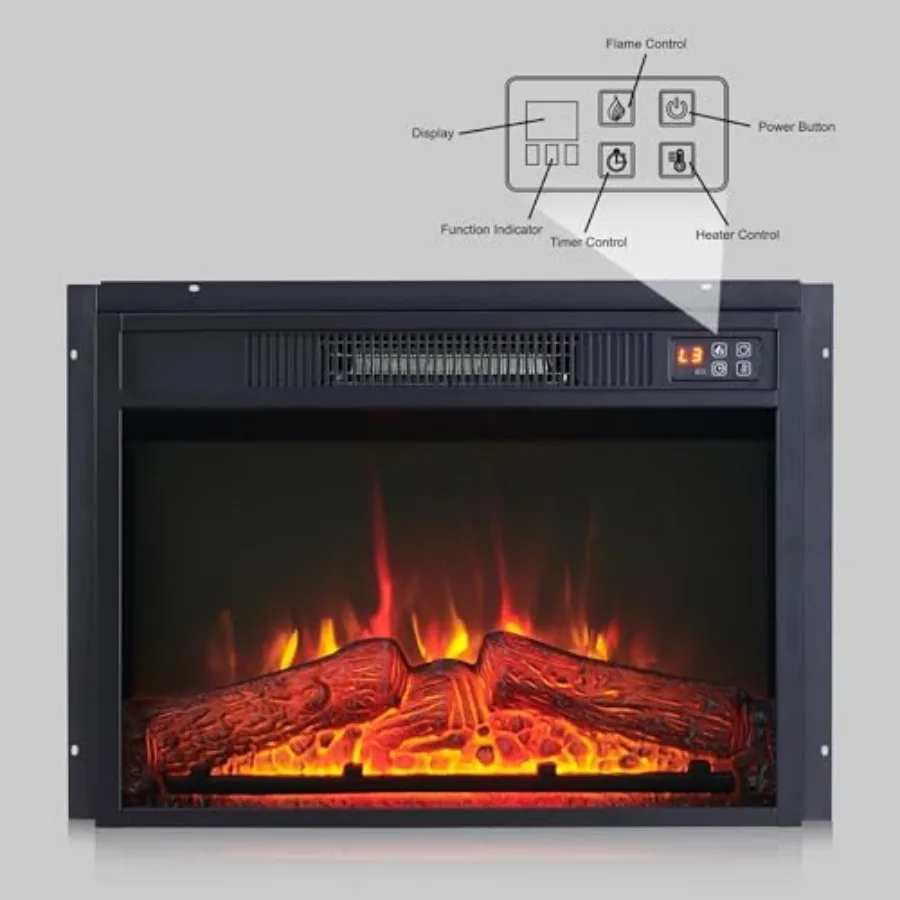 23 Electric Fireplace Insert with Remote Control 3 Flame Settings Heater Functionality Low Noise Operation 6-Hour Timer Overhea