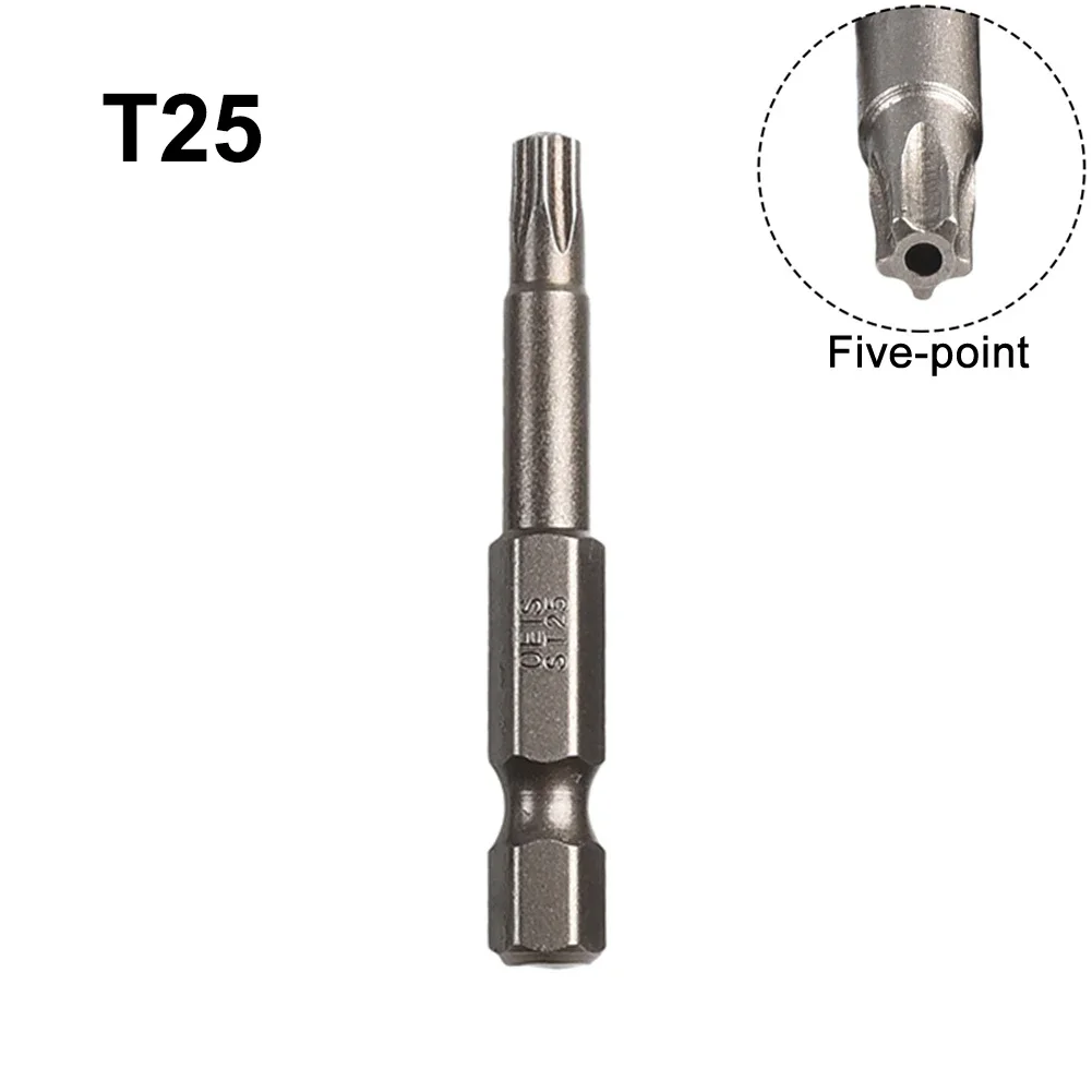 1pc 50mm Torx Screwdriver Bit 1/4\'\' Hex Shank Magnetic Five-point Torx Batch Head With Hole T8-T40 For Electric Screwdrivers