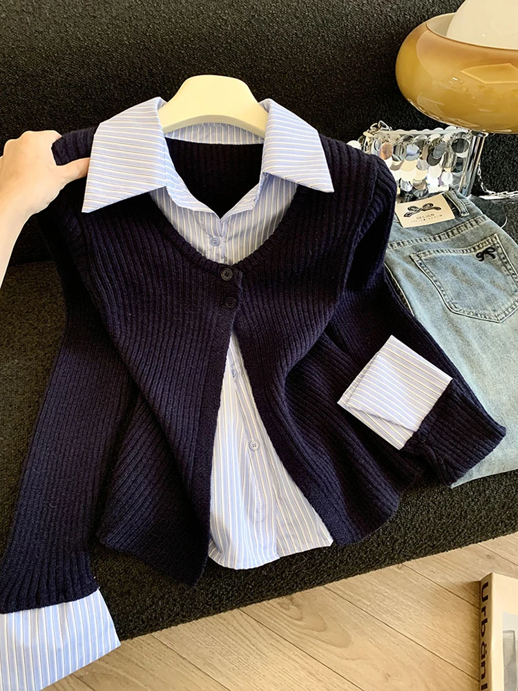 Fake two piece shirt women's autumn and winter new high-end French style slim fit color blocking commute knitted shirt