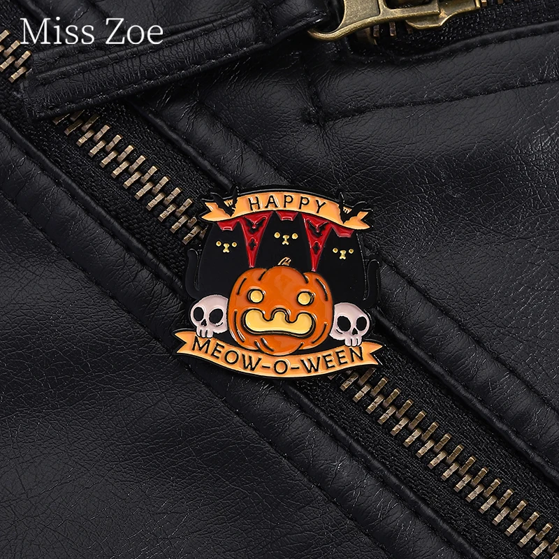 Mysterious Pumpkin Black Cat Skull Enamel Pin Trick Or Treat Happy Halloween Brooch Backpack Lapel Badge Jewelry Gift For Friend