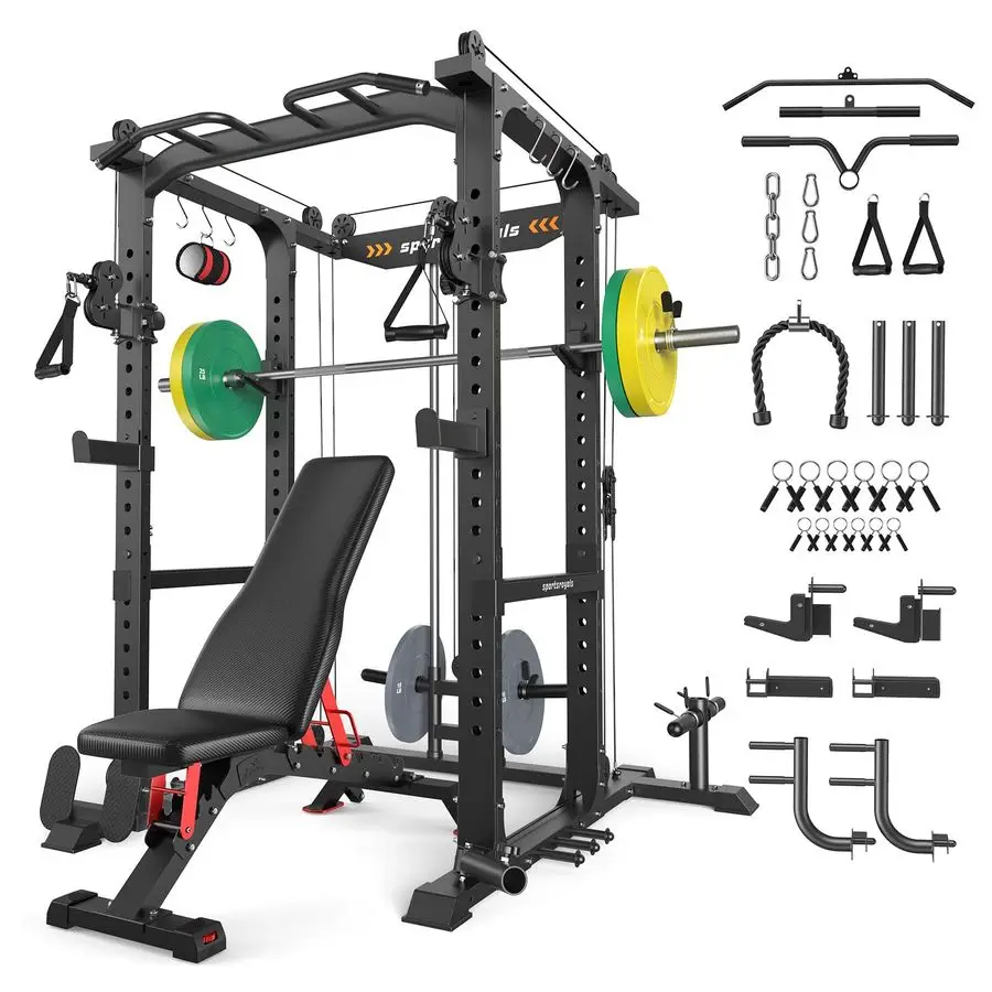 

Power Cage 1600lbs Power Rack with Adjustable Cable Crossover, MultiFunction Squat Rack with Pulley System