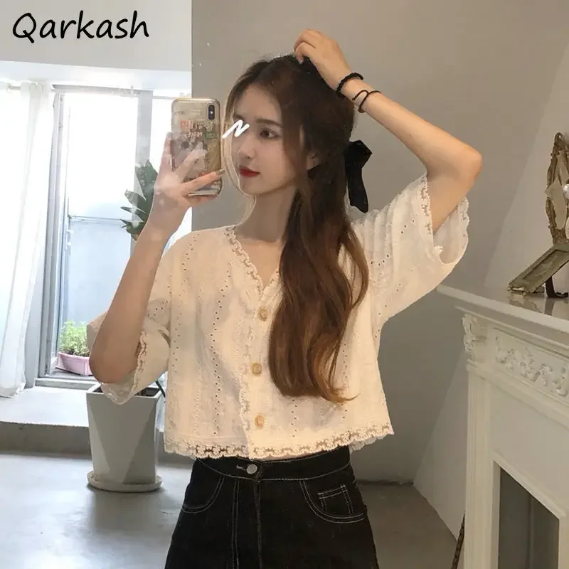 Shirts Women V-neck Slim Streetwear Solid All-match Aesthetic Girlish Summer Crops Mujer Tops Basic Popular Harajuku Ins New Fit