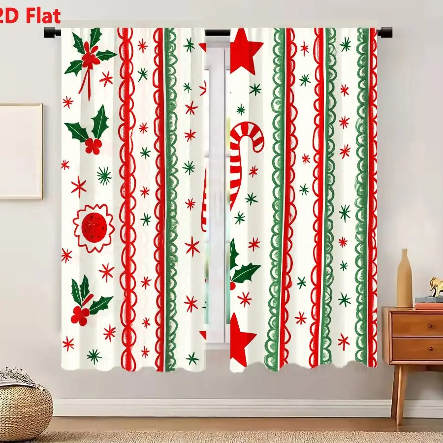 2Pcs Curtains Add 2D Flat Christmas Pattern With Red Green Stripes Candy Canes Holly And Baubles On Cream Background Window Drap