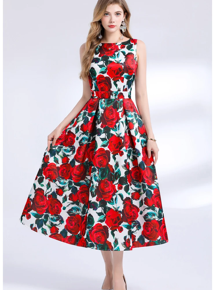

Elegant Printed Round Neck Sleeveless High Waisted Slim Fit Dress 2025 Summer New Fashionable Women'S Clothing