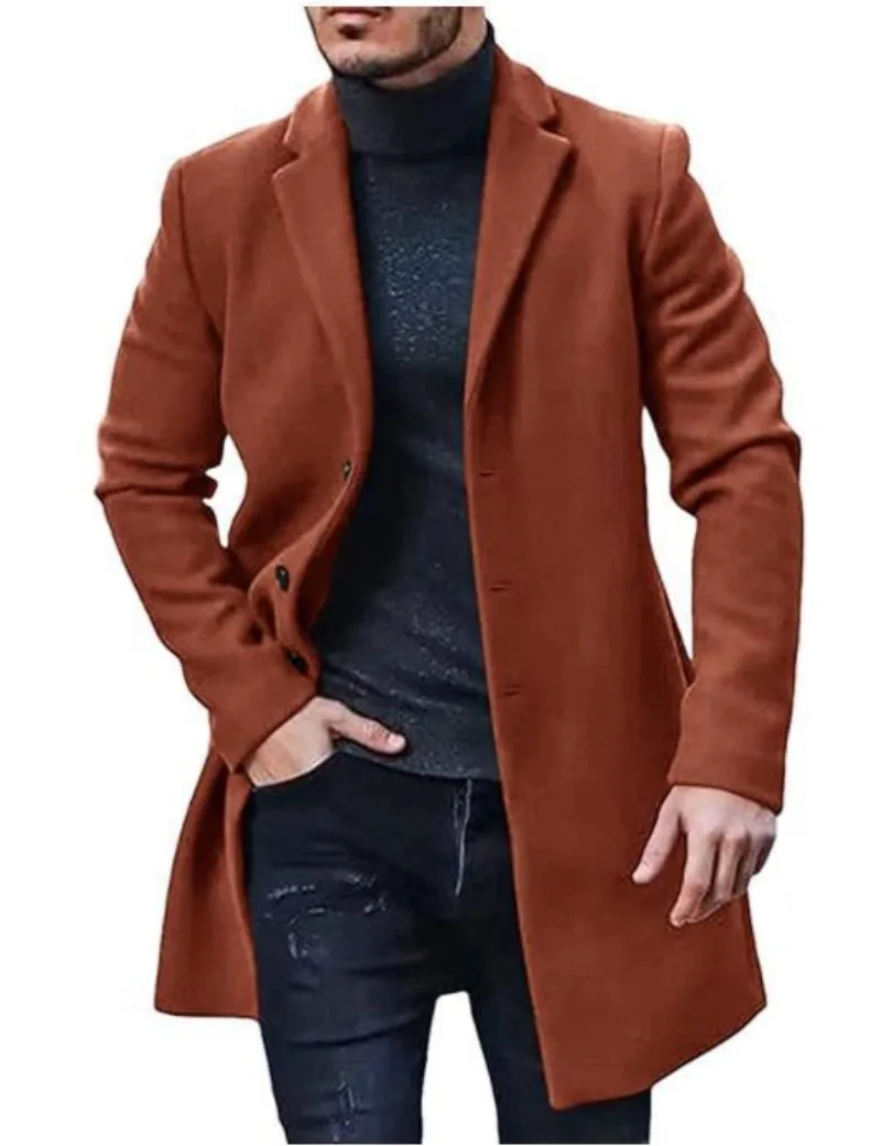 New Autumn Winter Men's Long-sleeve Lapel Single-breasted Jacket Woolen Solid Button Coats Casual Loose Men Simple Jackets