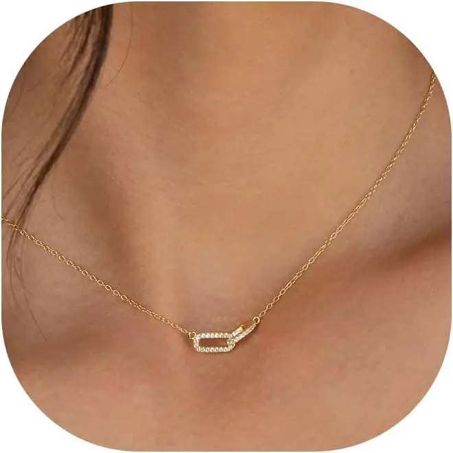 

Gold Silver Pendant Necklace for Women Dainty CZ Paperclip Choker Oval Interlock Simple Trendy Jewelry