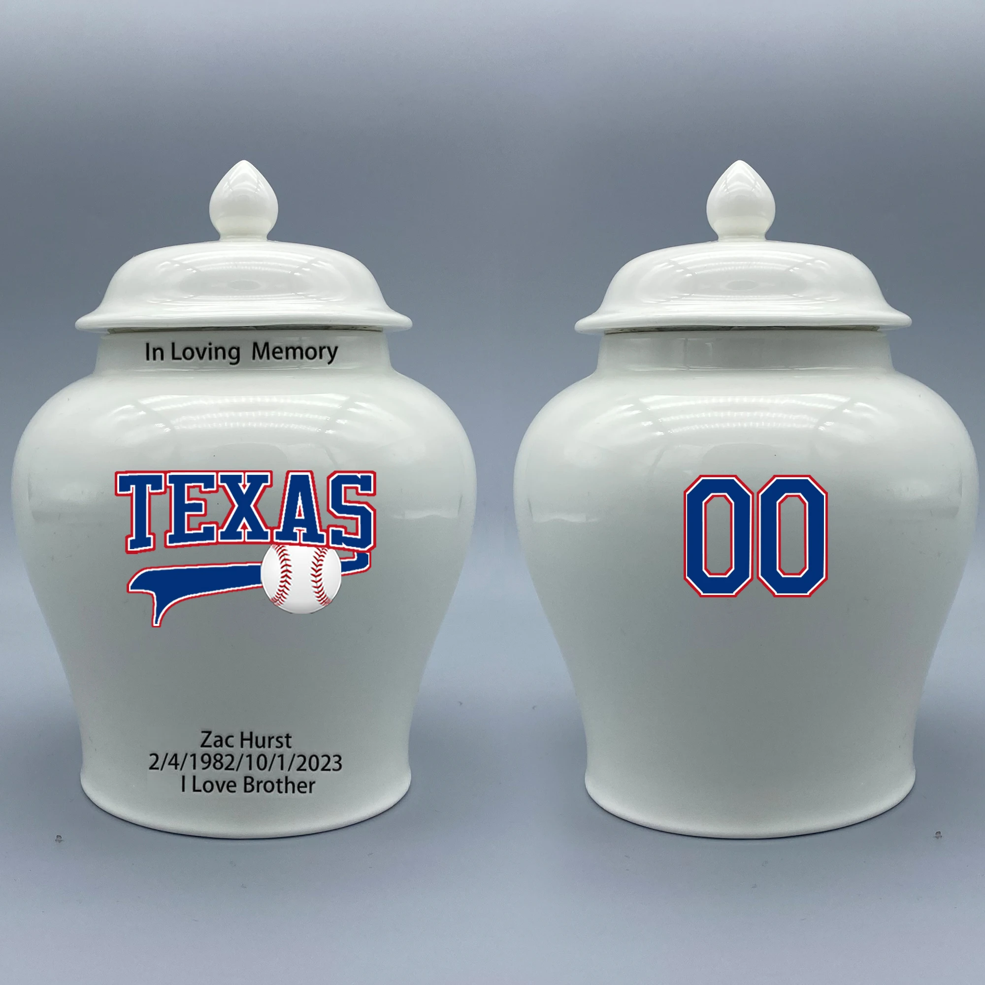 Medium Urn for Texas Rangers-themed Logo Urn.Please send me the customize information-name/date and number on the urn