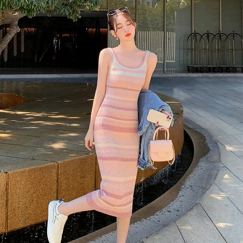 Rainbow Striped Tank Midi Dress Women Summer Sleeveless Knitted Slim Dresses Holiday Daily