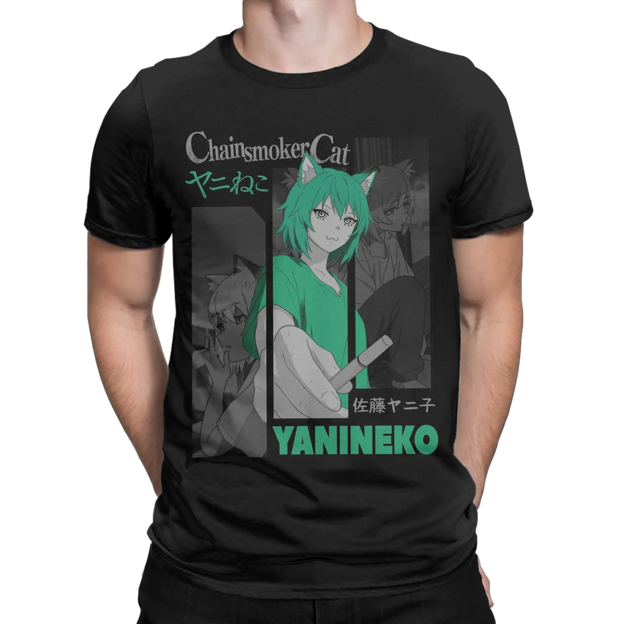 Chainsmoker Cat Yani Neko Anime Men T Shirt  Vintage Tees Short Sleeve O Neck T-Shirts Cotton 4XL 5XL Clothing
