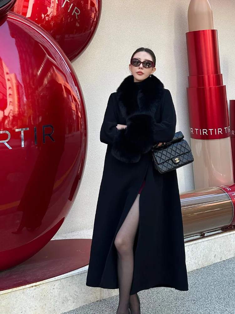 

Women Elegant Faux Fur Patchwork Woolen Coat Full Sleeve V-neck Lace Up Loose Long Overcoats 2026 Lady Daily Commute Ouerwears