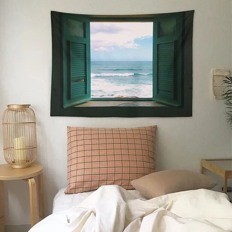 VIKAMA Ocean Tapestry Wall Hanging Coastal Window Beach Sea View Nature Landscape Wall Decor for Bedroom Apartment