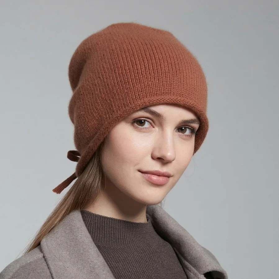 Slouchy Drawstring Beanie Wool Knitted Bonnet Winter Hat Women