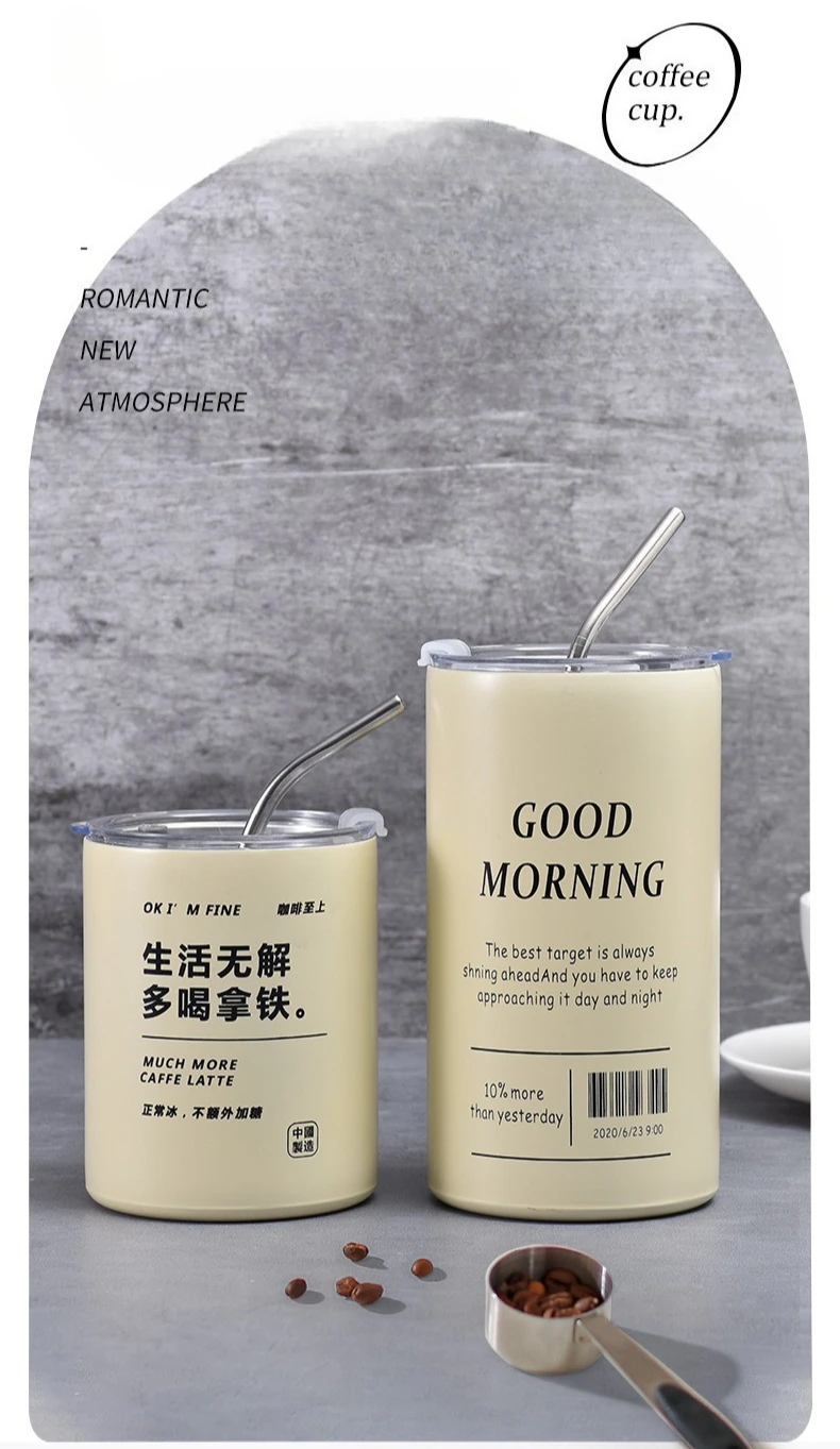 

New Creative Vacuum Coffee Cup Stainless Steel Portable Cap Latte Straw Cup Large Capacity Car Insulated Cup Gift Outdoor Sport