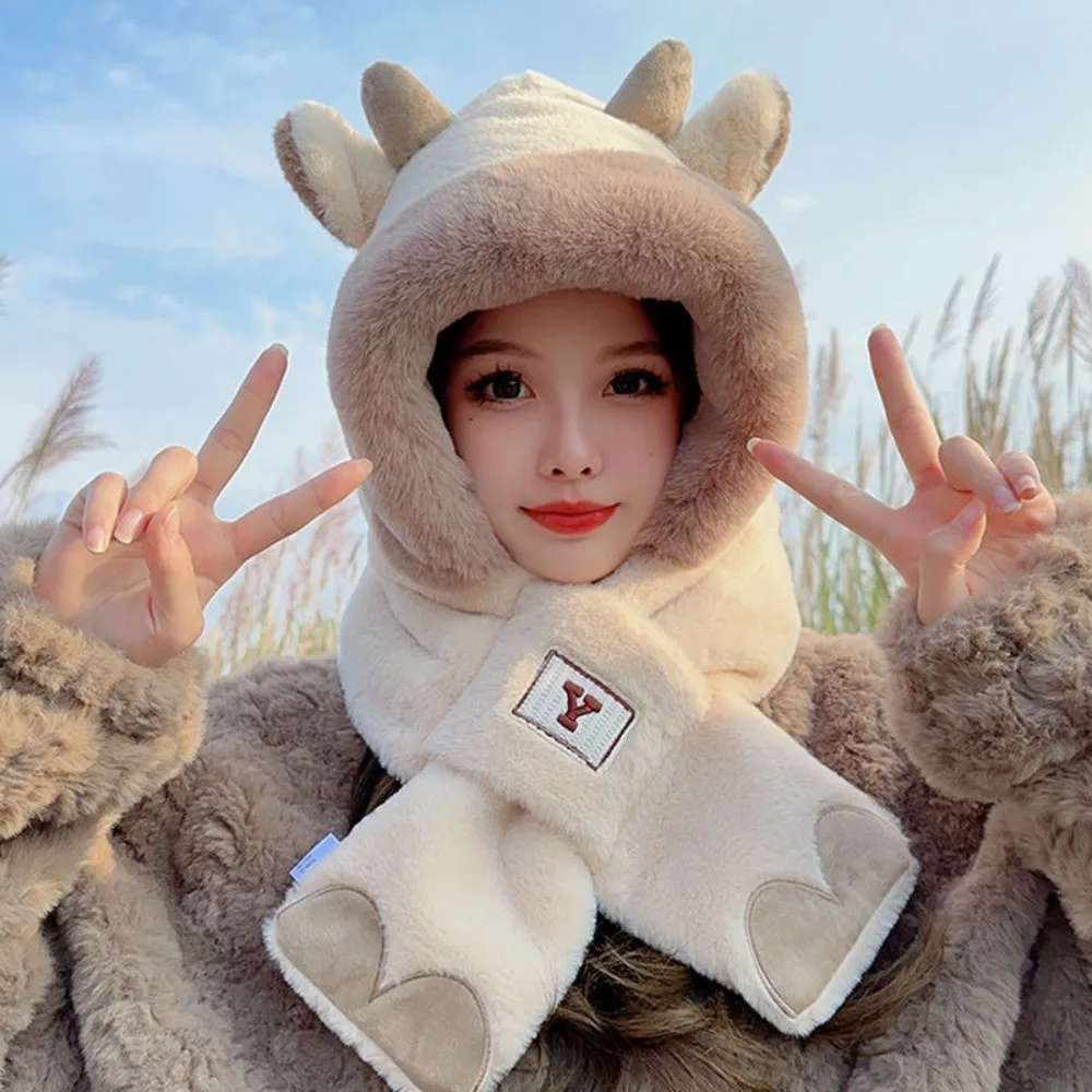 

2024 Thickened Plush Hat Scarf Gloves Set Cute Rabbit Ear Ram's Horn Women Beanies Cap Winter Warm Ear Protection Cap Outdoor