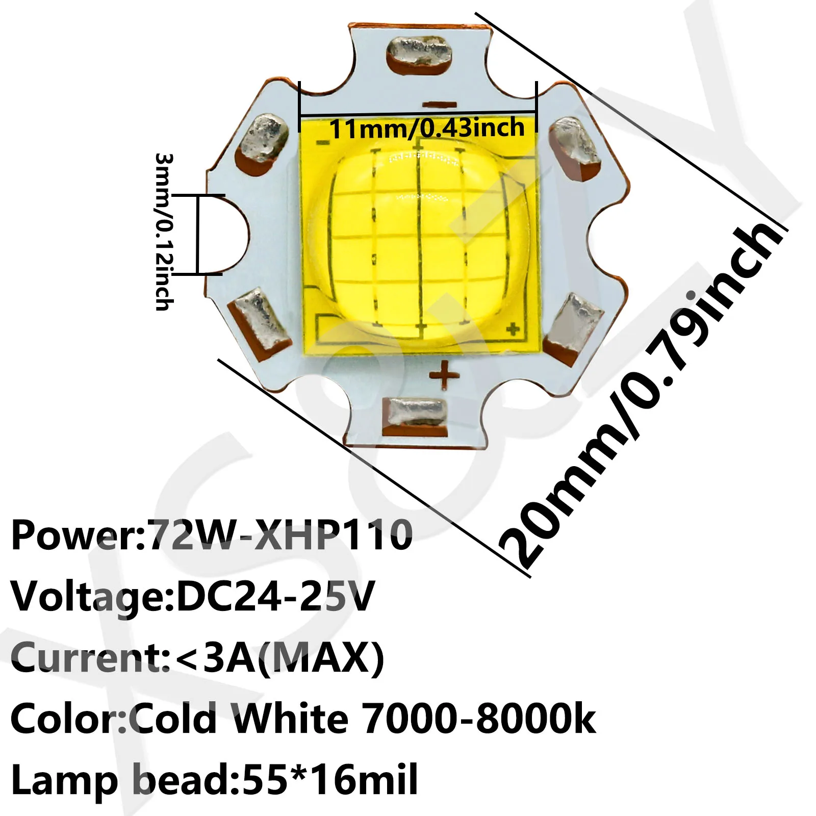 LED Beads 3A High Power72W DC24-25V Cold White7000-8000k utilizzato per la sostituzione delle perline della lampada con luce di rilevamento notturna della torcia fai da te