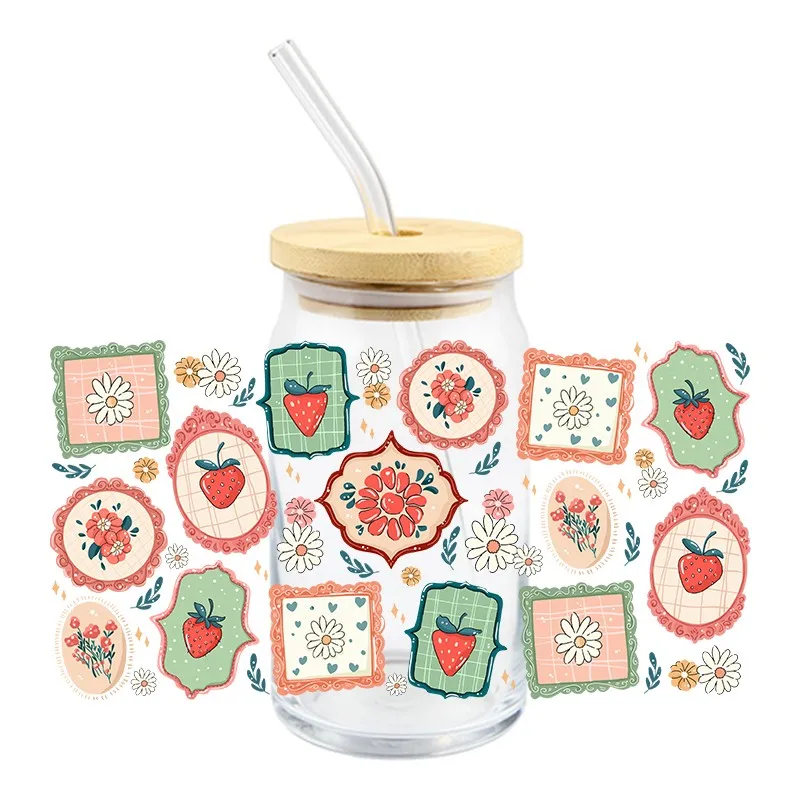 3D Cartoon UV DTF Wrap Cup 16oz Transfer Sticker New Design Books Flowers Food Patter Waterproof Sticker