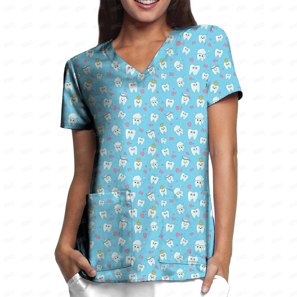 Hospital Working Uniforms Medcine Teeth Print Nursing v-neck blouse Dental clinic Uniform Medical Nurse short sleeve Scrub Tops