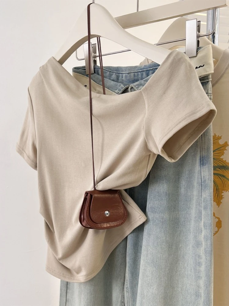 AOSSVIAO 2026 Summer Casual Versatile Fitted Slim Off Shoulder Stylish Top Trendy One Shoulder Short Sleeve Women's T-Shirt
