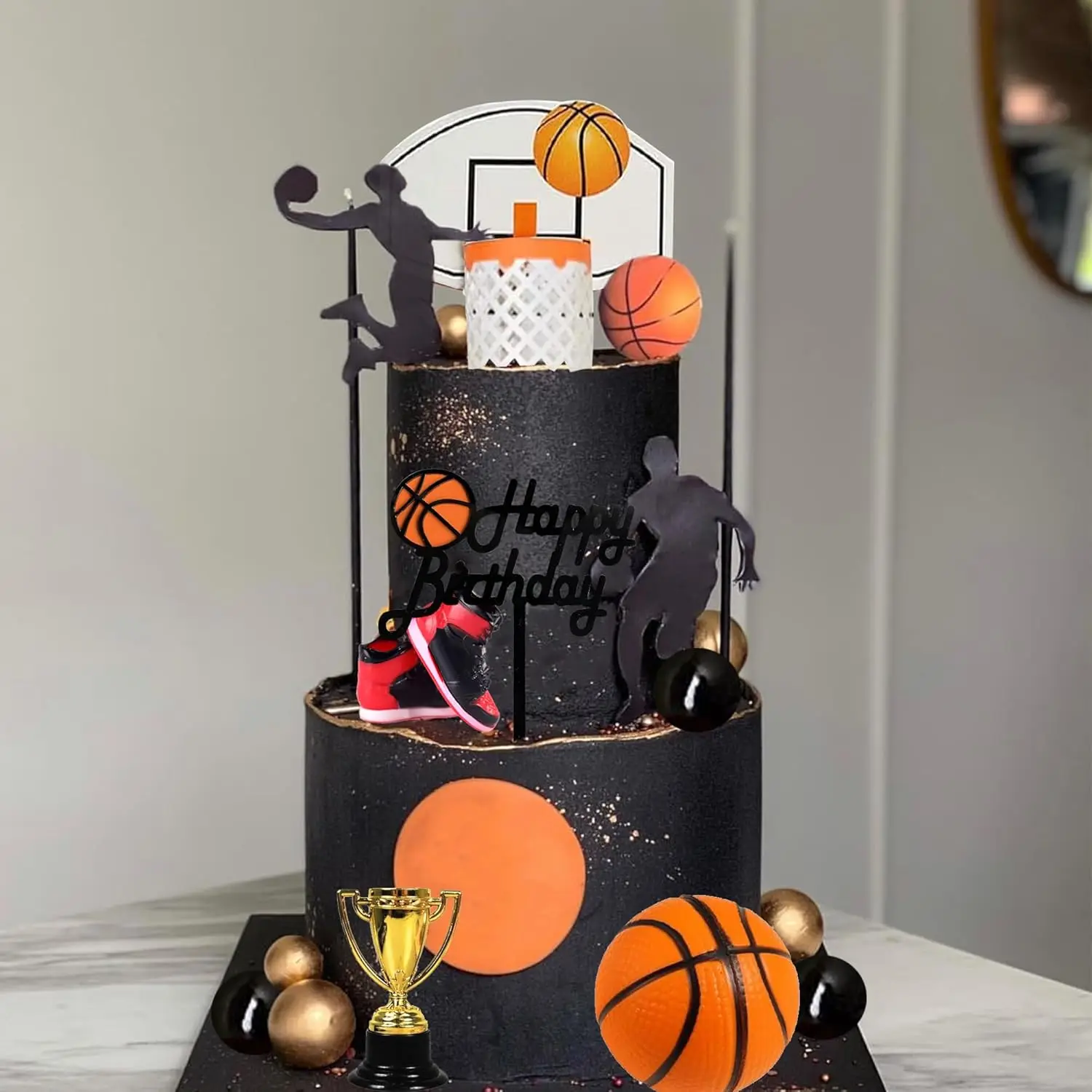 25 PCS Basketball Cake Toppers Black Gold Balls Cake Decorations Basketball Theme Cake Decoration for Boy Sport Party Supplies