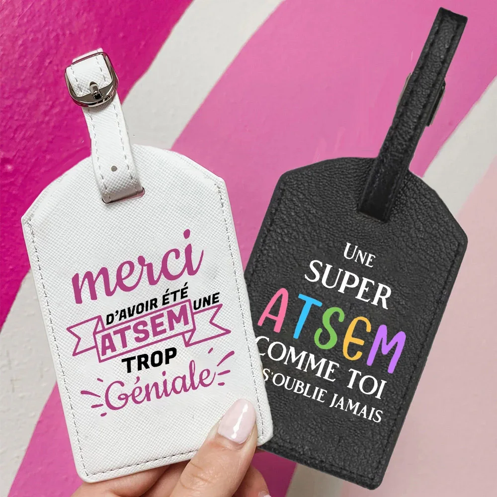 Merci Super Atsem French Printed PU Leather Luggage Tags for Travel Bag Suitcase Travel Handbag Label Tag Thank Gift for Atsem