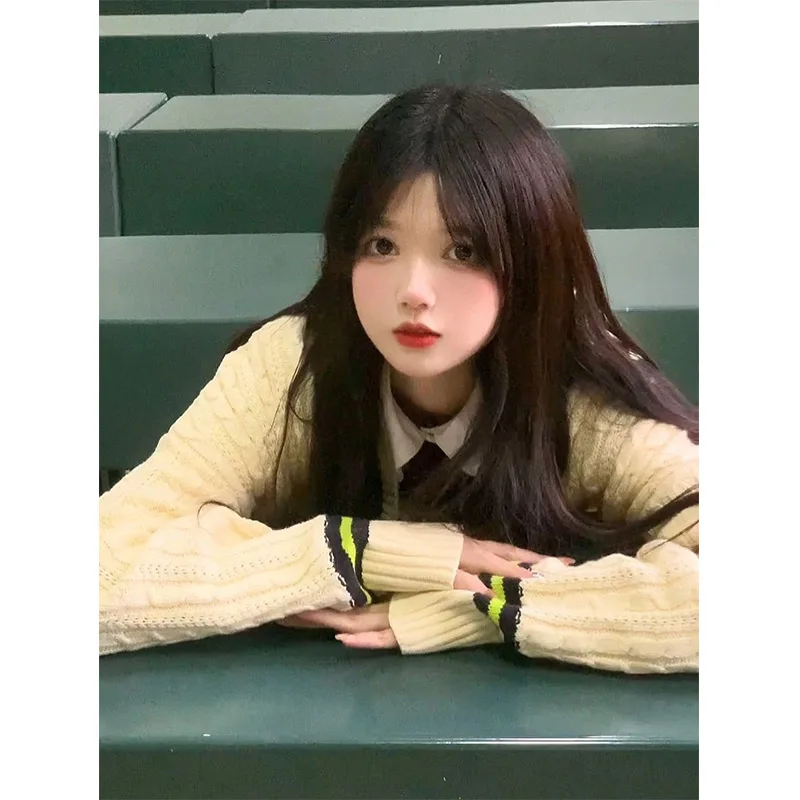 

Sweet Loose Long Sve V-Ne вязаный свитер Color Blo Logo Весна Осень College Sle Faionable женский топ