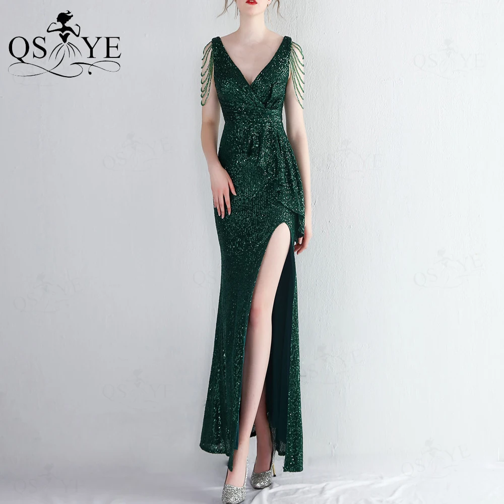 

Emerald Sequin Prom Dresses Beading Straps V neck Evening Gown Split Open Low Back Ruched Women Chic Green Formal Party Gown