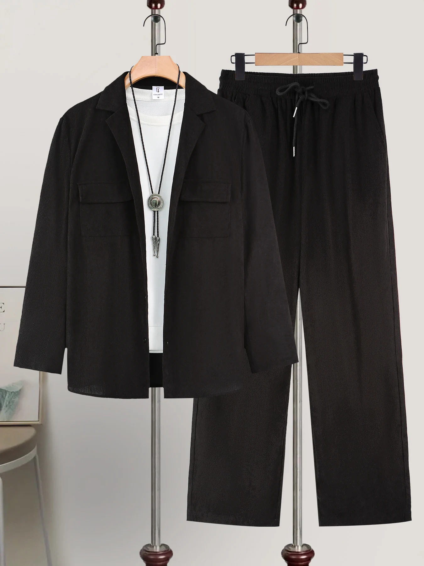 Men's 2 Piece Textured Blazer Outfits, Black Lapel Jacket & Drawstring Pants Set