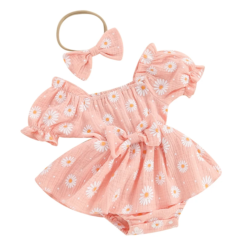 

Baby Girls Daisy Romper Bowknot Bodysuit Headband Short Sleeve Playsuits Floral Jumpsuit Infant Summer Clothes