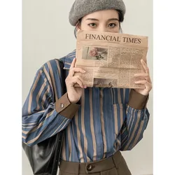 QWEEK Vintage Striped Office Lady Shirts Elegant and Youthful Woman Blouses Japanese Style Patchwork Long Sleeve Clothes Autumn