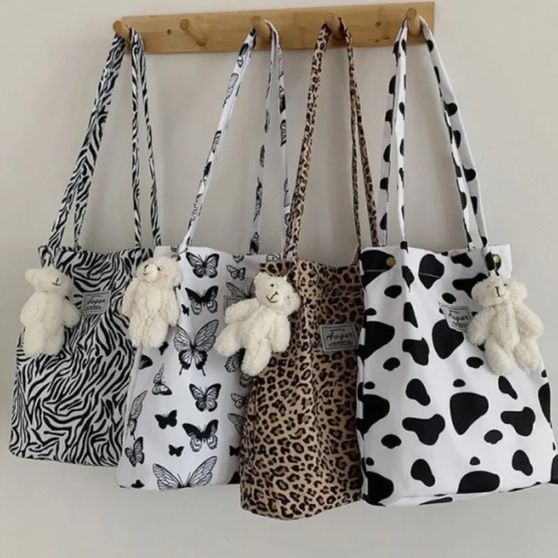 Korean Chic Big Casual Tote Bag Leopard Shoulder Bag Ladies Canvas Bag New Shopping Bag Student Print Handbag Bolsa Mujer