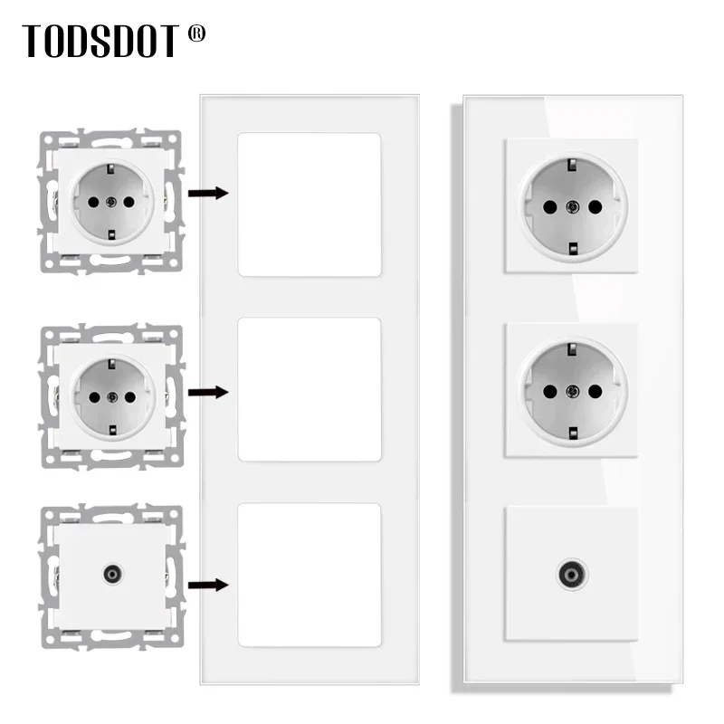 TODSDOT European Standard 16a Wall Mount Power Switch Socket diy Module White Glass Panel Free Combine Button Function Vertical