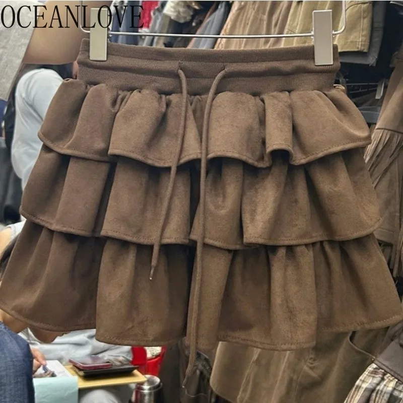 

OCEANLOVE Y2k женские юбки с оборками на шнурке, однотонная осенне-зимняя винтажная мини-юбка, корейская мода, гранж, высокая талия, Faldas